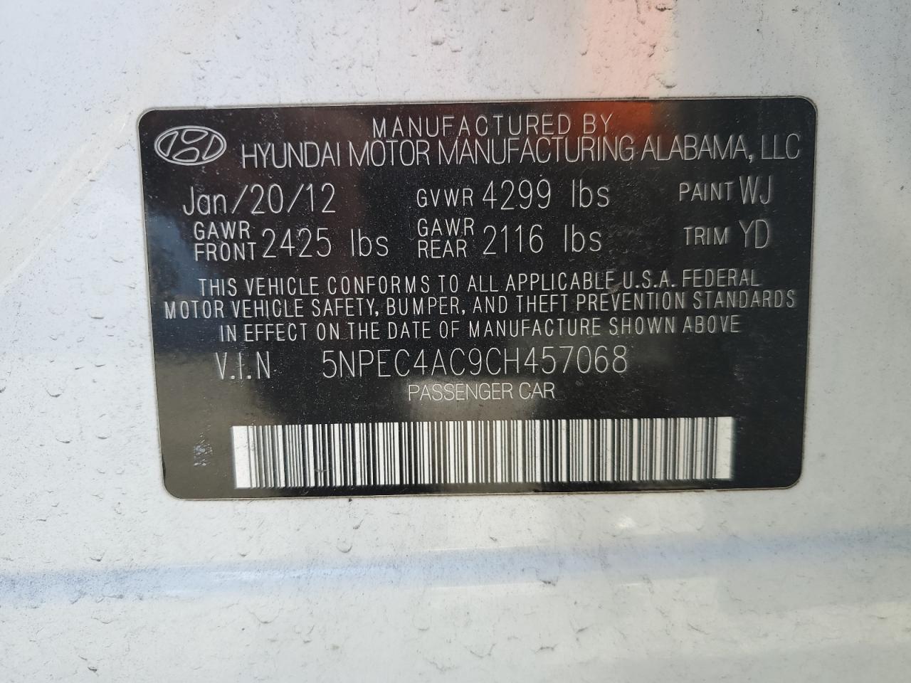 2012 Hyundai Sonata VIN 5NPEC4AC9CH457068 Copart auction photo, front end / minor dent/scratches damage thumbnail 14