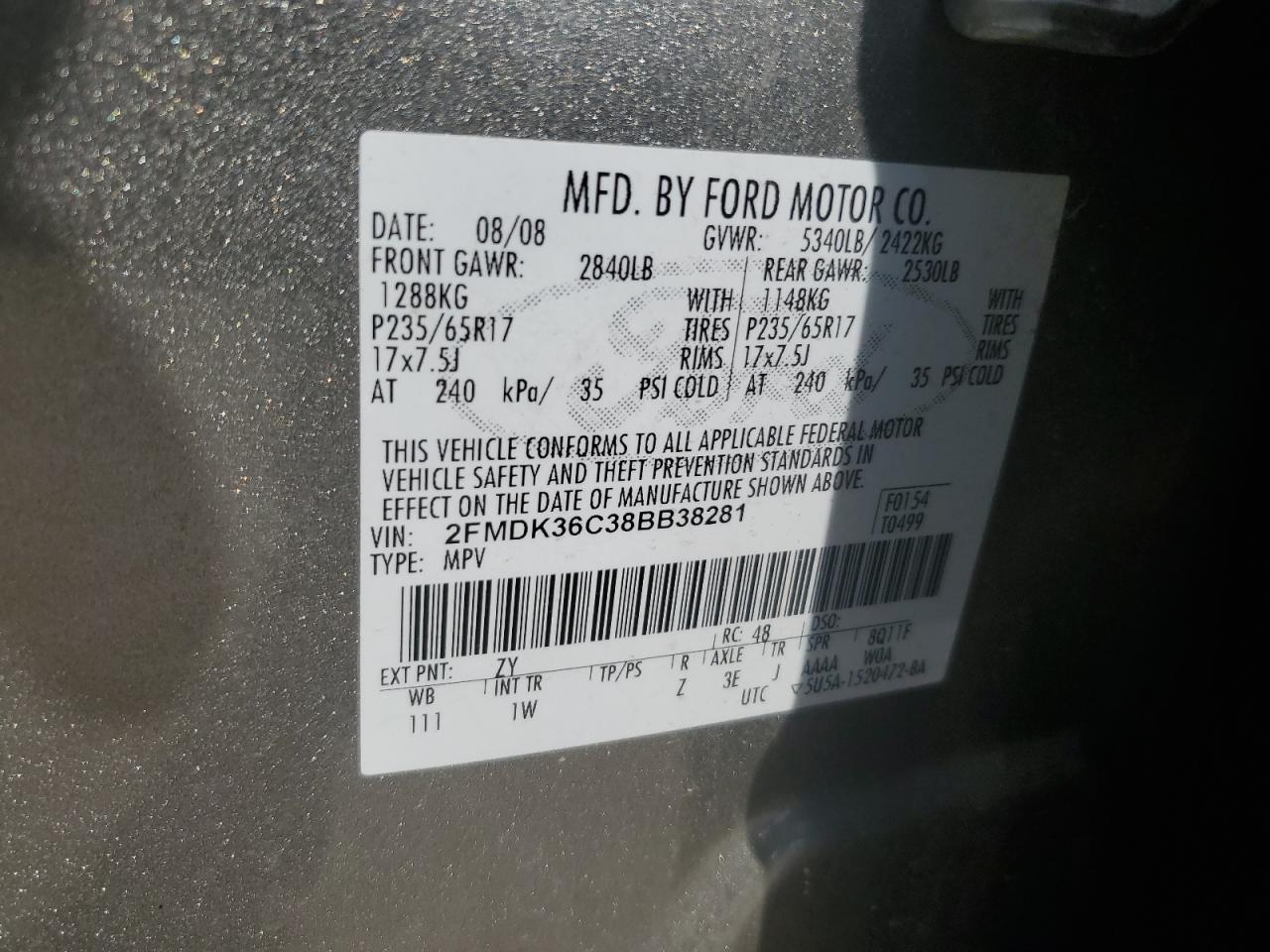 2008 Ford Edge VIN 2FMDK36C38BB38281 Copart auction photo, rear end damage thumbnail 15