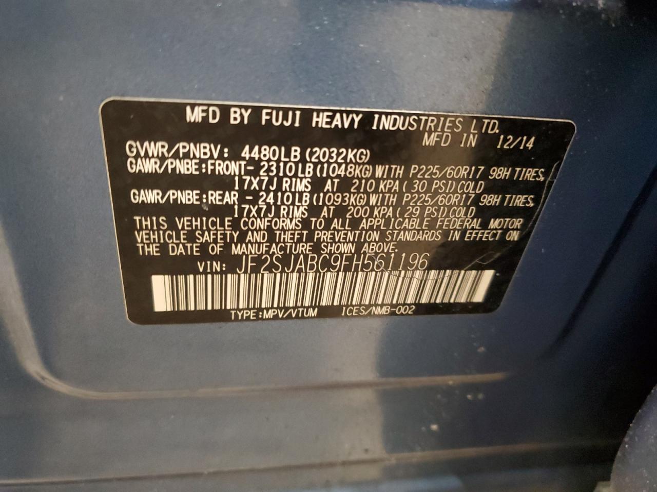 2015 Subaru Forester VIN JF2SJABC9FH561196 Copart auction photo, front end / side damage thumbnail 12