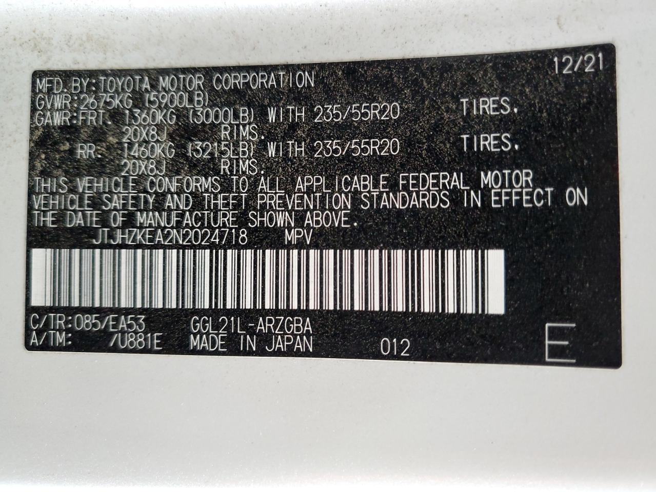 2022 Lexus RX VIN JTJHZKEA2N2024718 Copart auction photo, rear end / side damage thumbnail 13