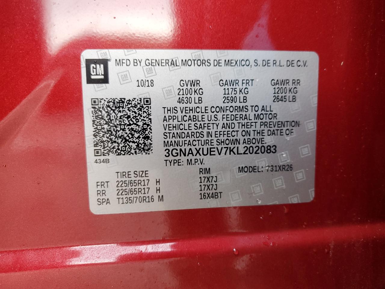2019 Chevrolet Equinox VIN 3GNAXUEV7KL202083 Copart auction photo, all over damage thumbnail 13