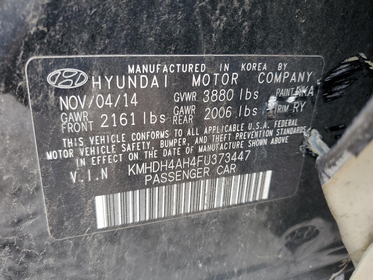 2015 Hyundai Elantra VIN KMHDH4AH4FU373447 Copart auction photo, all over damage thumbnail 13