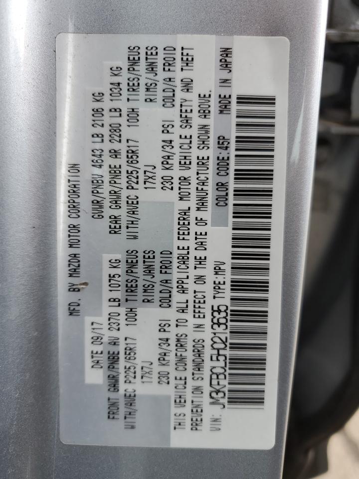2017 Mazda CX-5 VIN JM3KFBCL5H0213635 Copart auction photo, front end / side damage thumbnail 13