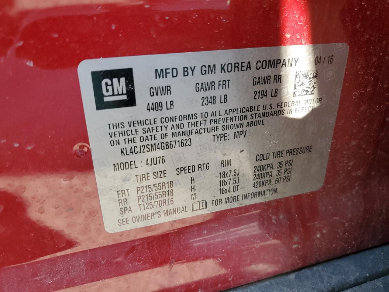 2016 Buick Encore VIN KL4CJ2SM4GB671623 Copart auction photo, side / front end damage thumbnail 13