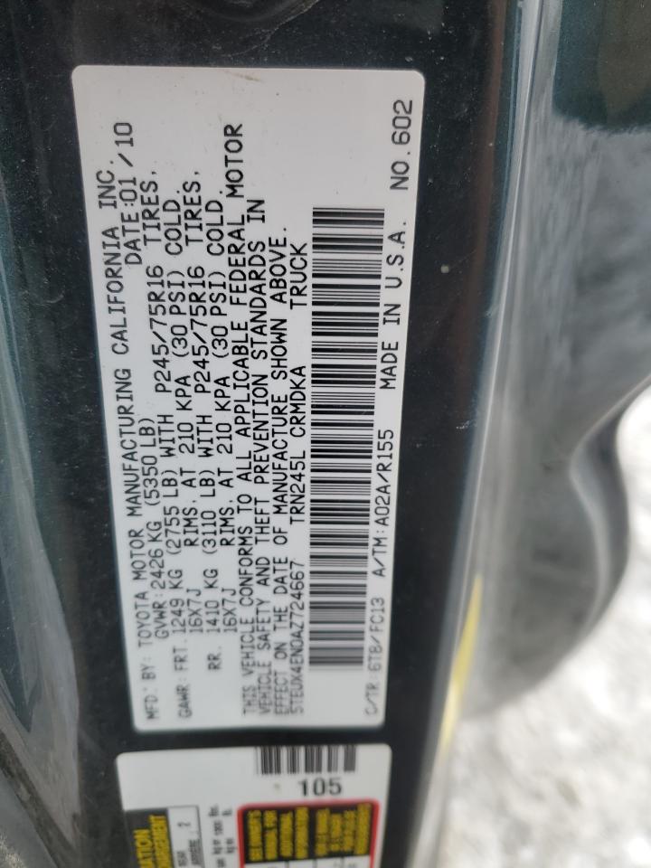 2010 Toyota Tacoma VIN 5TEUX4EN0AZ724667 Copart auction photo, rear end / side damage thumbnail 12