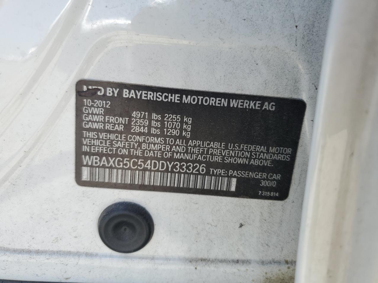 2013 BMW 5er VIN WBAXG5C54DDY33326 Copart auction photo, undercarriage damage thumbnail 12
