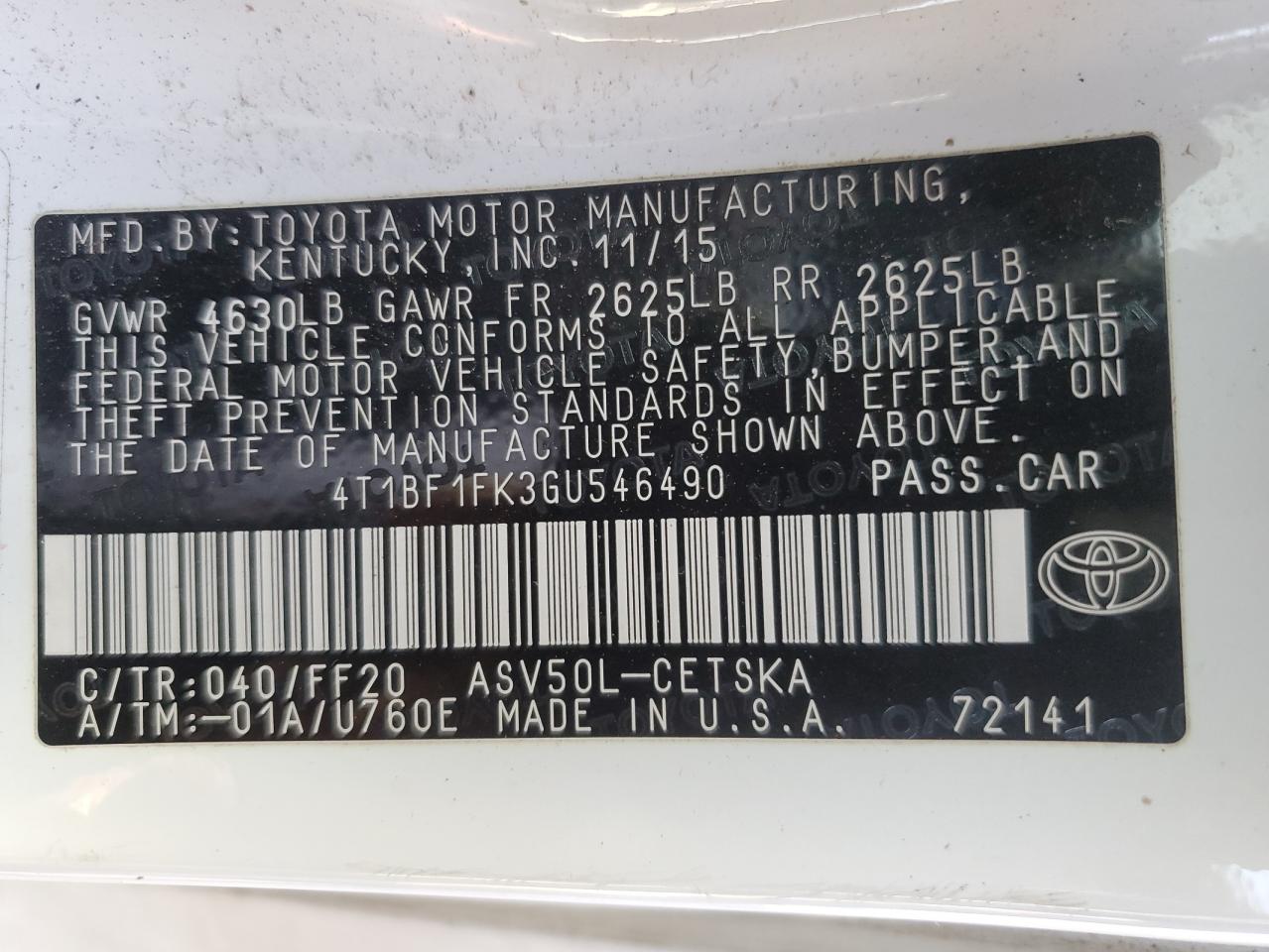 2016 Toyota Camry VIN 4T1BF1FK3GU546490 Copart auction photo, rear end / minor dent/scratches damage thumbnail 15