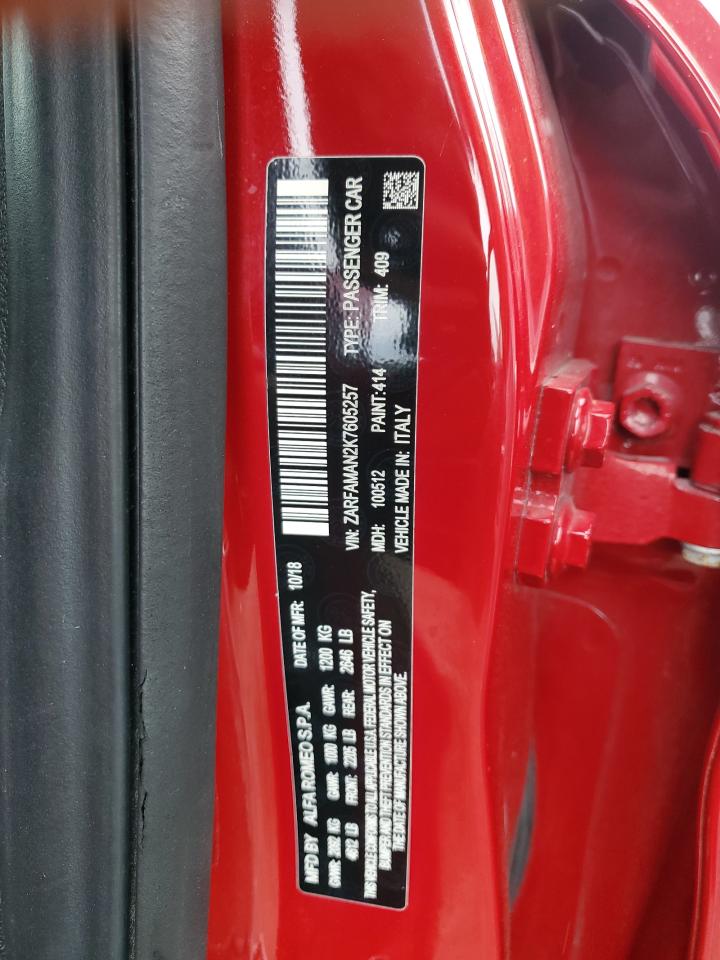 2019 Alfa Romeo Giulia VIN ZARFAMAN2K7605257 Copart auction photo, water/flood damage thumbnail 13
