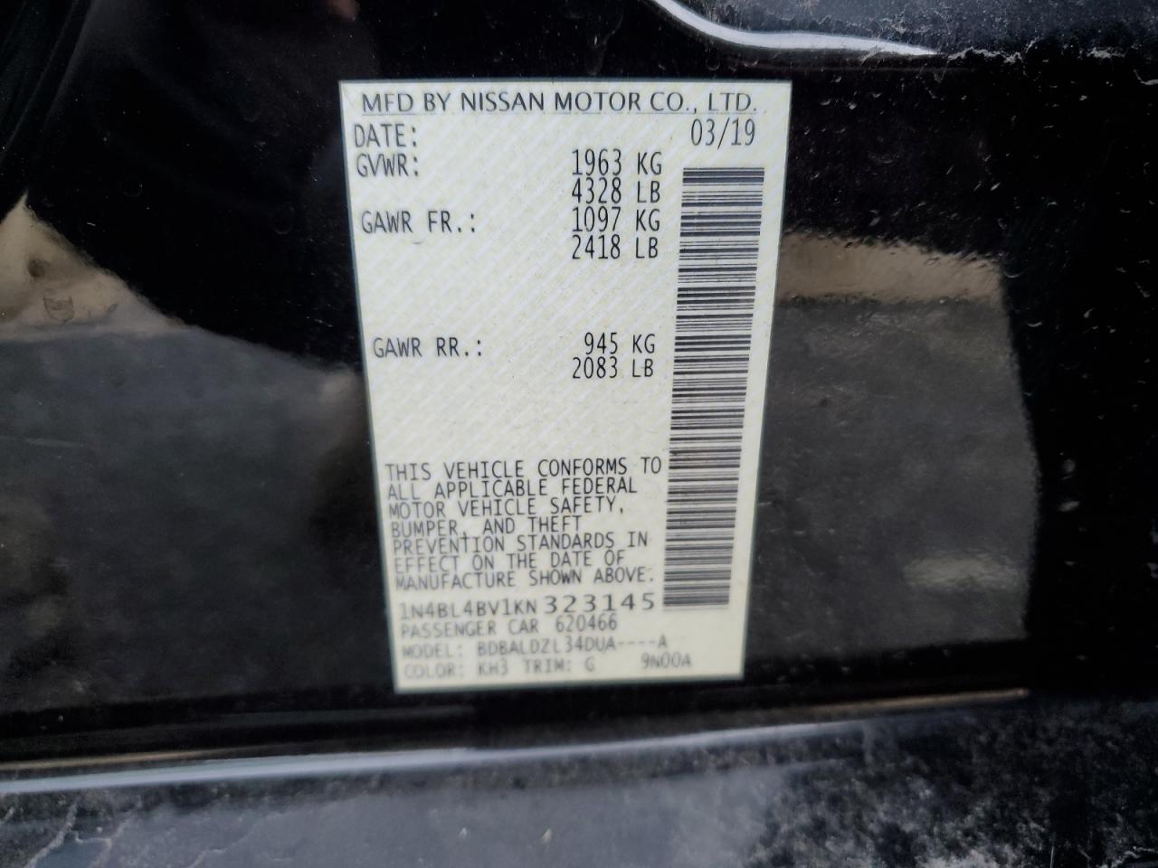 2019 Nissan Altima VIN 1N4BL4BV1KN323145 Copart auction photo, rear end damage thumbnail 12