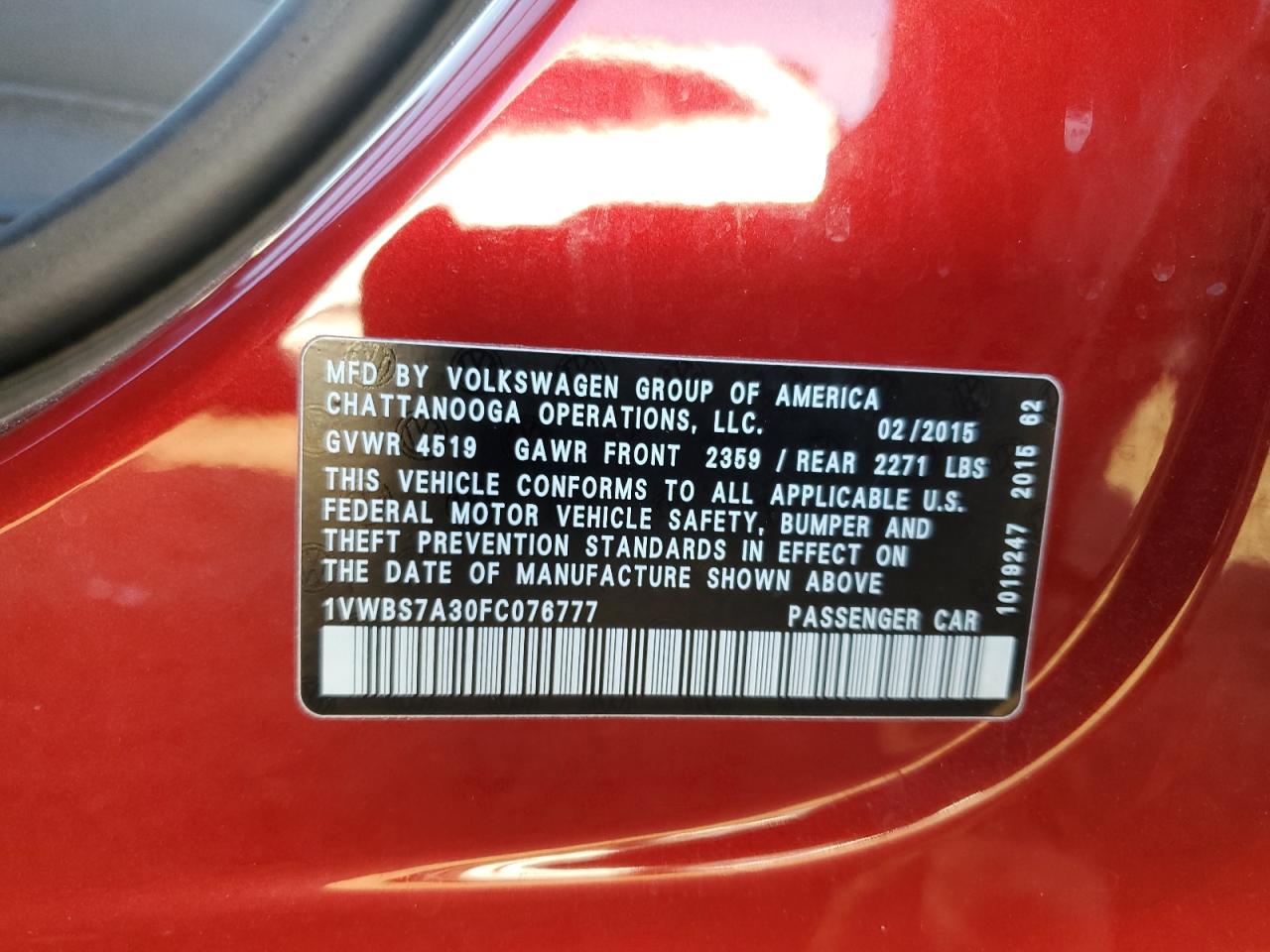 2015 Volkswagen Passat VIN 1VWBS7A30FC076777 Copart auction photo, side / rear end damage thumbnail 14