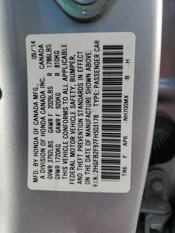 2015 Honda Civic VIN 2HGFB2F97FH503178 Copart auction photo, front end / hail damage thumbnail 13