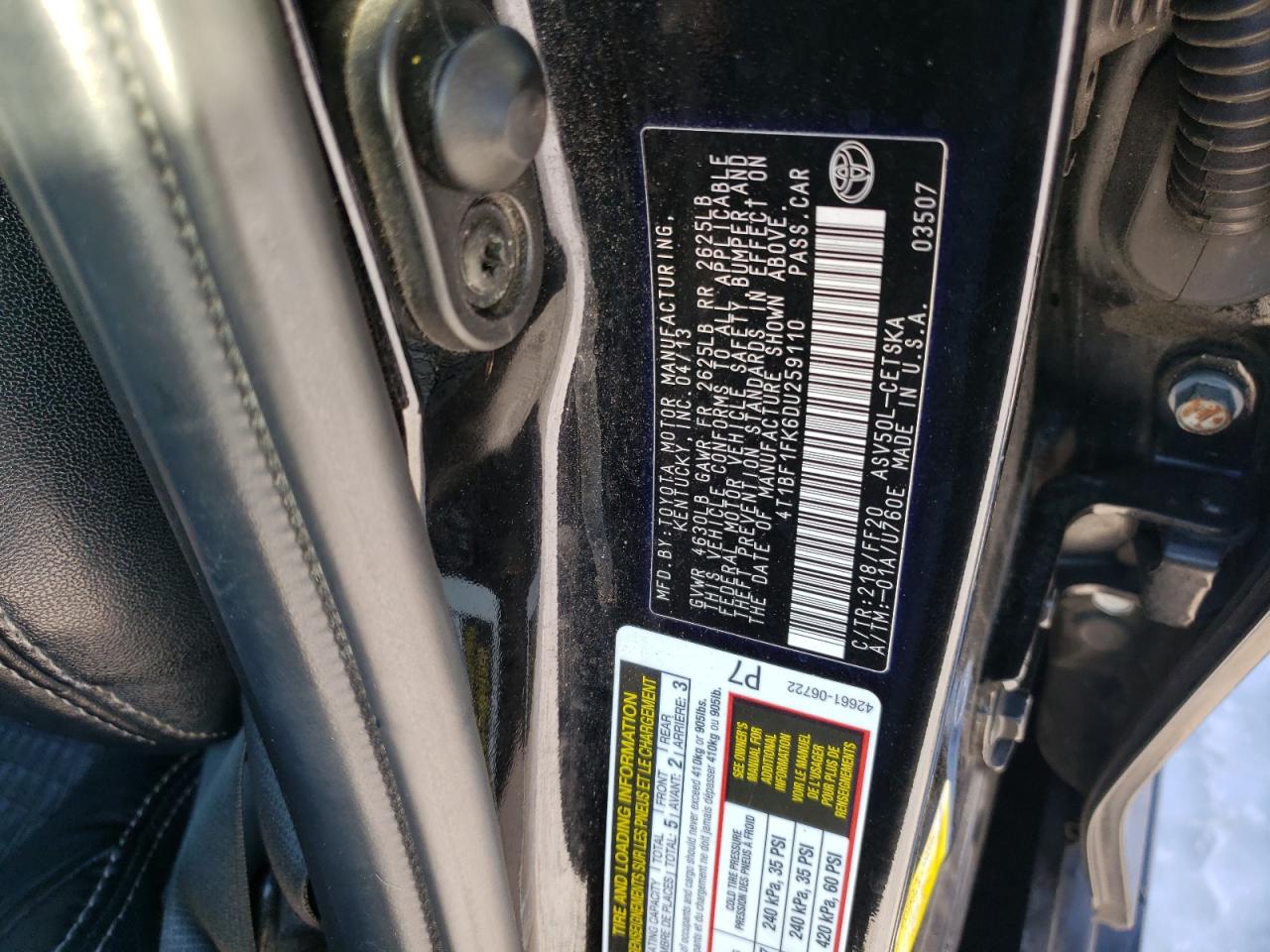 2013 Toyota Camry VIN 4T1BF1FK6DU259110 Copart auction photo, front end / side damage thumbnail 13