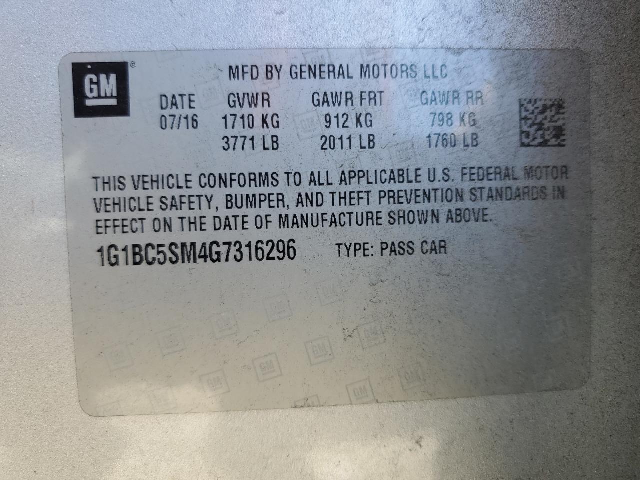 2016 Chevrolet Cruze VIN 1G1BC5SM4G7316296 Copart auction photo, front end / undercarriage damage thumbnail 12