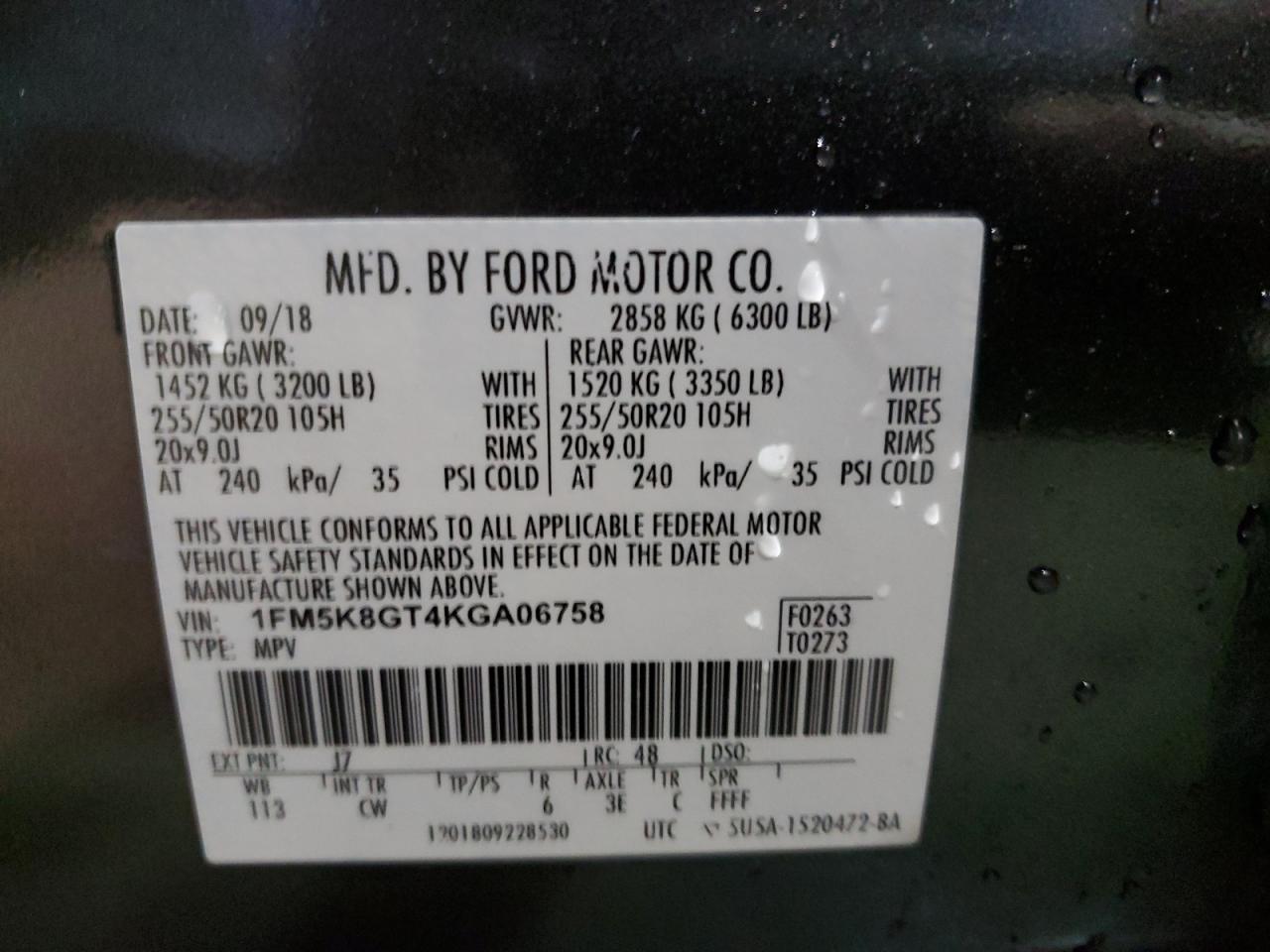 2019 Ford Explorer VIN 1FM5K8GT4KGA06758 Copart auction photo, rear end damage thumbnail 14
