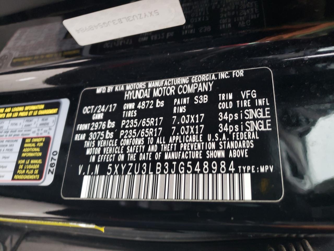 2018 Hyundai Santa Fe VIN 5XYZU3LB3JG548984 Copart auction photo, front end damage thumbnail 15