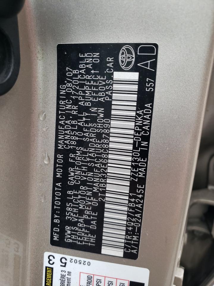 2008 Toyota Corolla VIN 2T1BR32E68C887890 Copart auction photo, front end / side damage thumbnail 13