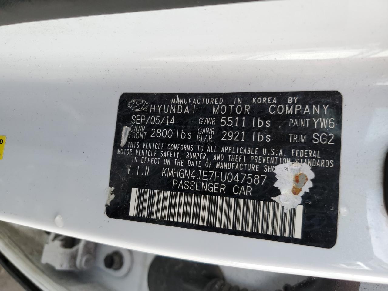 2015 Hyundai Genesis VIN KMHGN4JE7FU047587 Copart auction photo, side / front end damage thumbnail 12