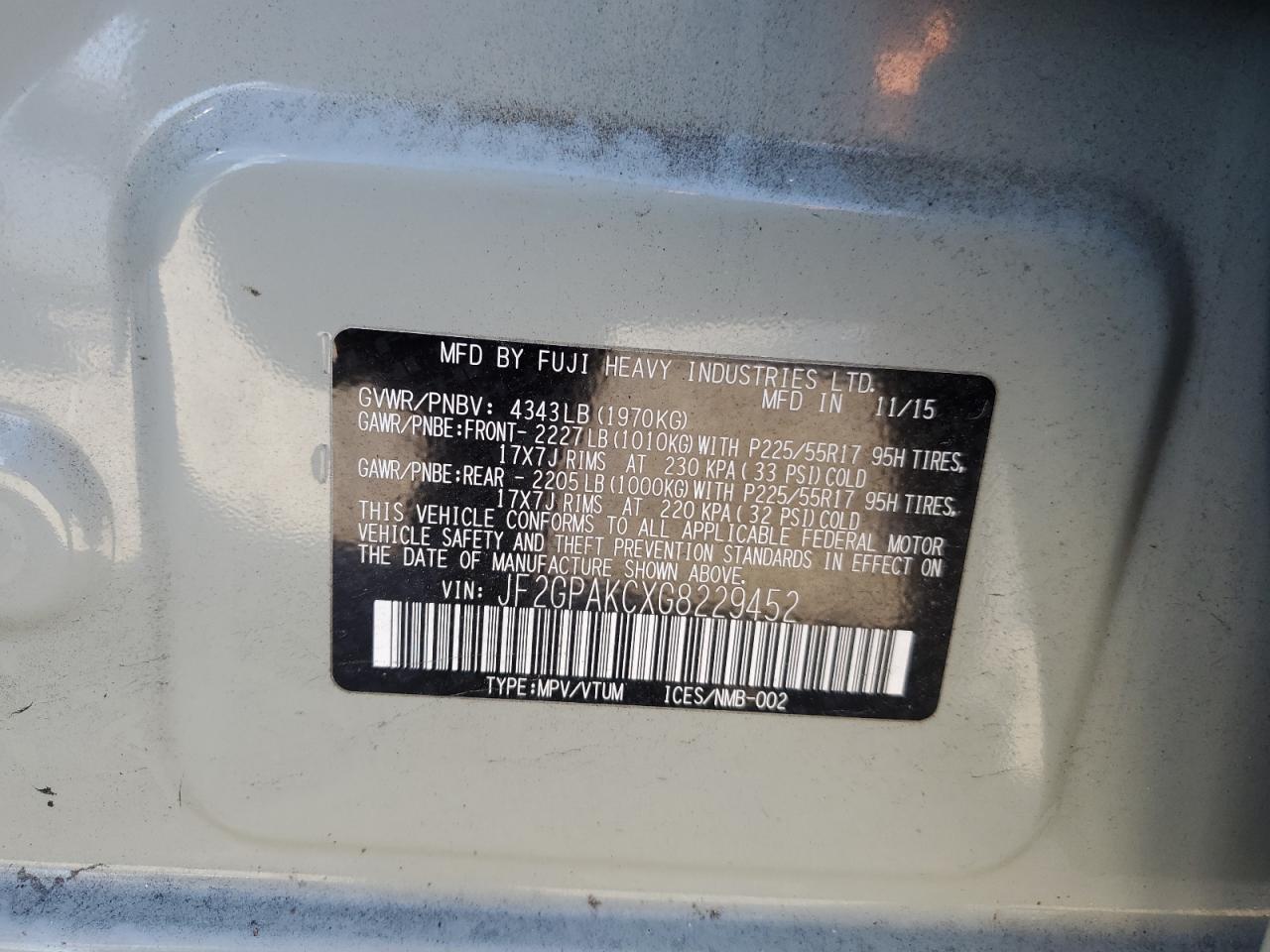 2016 Subaru XV VIN JF2GPAKCXG8229452 Copart auction photo, front end damage thumbnail 16