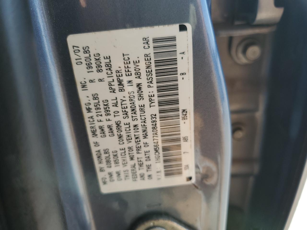 2007 Honda Accord VIN 1HGCM56477A084932 Copart auction photo, front end / minor dent/scratches damage thumbnail 12