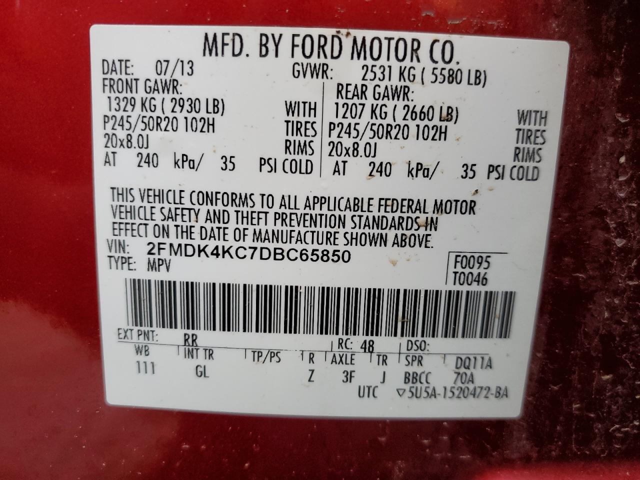 2013 Ford Edge VIN 2FMDK4KC7DBC65850 Copart auction photo, all over damage thumbnail 13