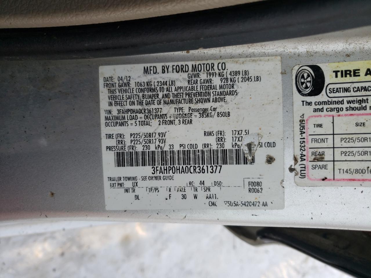 2012 Ford Fusion VIN 3FAHP0HA0CR361377 Copart auction photo, burn damage thumbnail 14