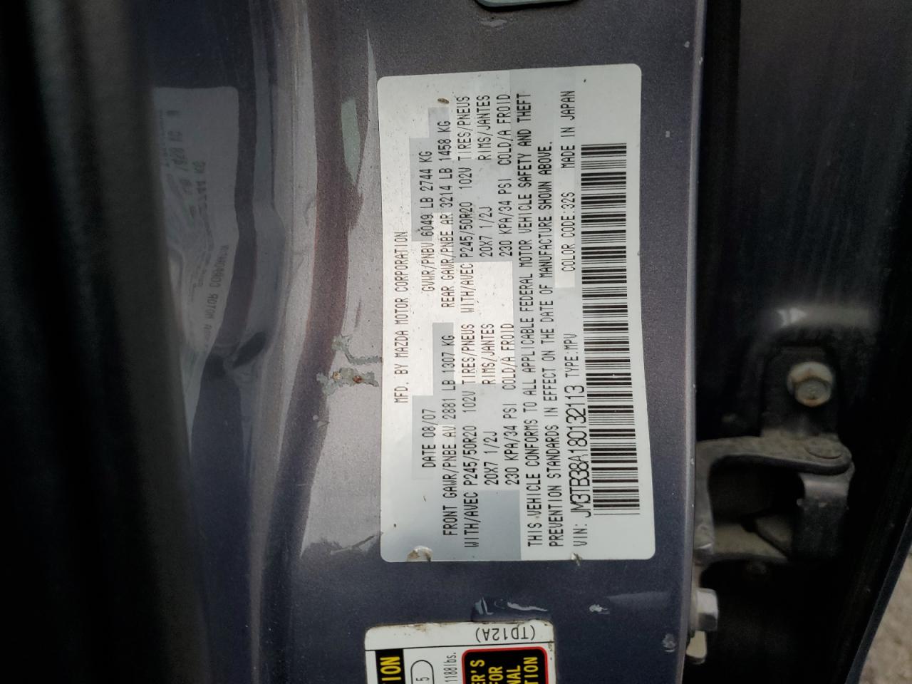 2008 Mazda CX-9 VIN JM3TB38A180132113 Copart auction photo, all over damage thumbnail 12