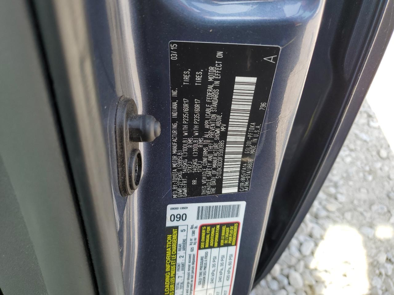 2015 Toyota Sienna VIN 5TDZK3DC0FS593985 Copart auction photo, rear end / side damage thumbnail 15