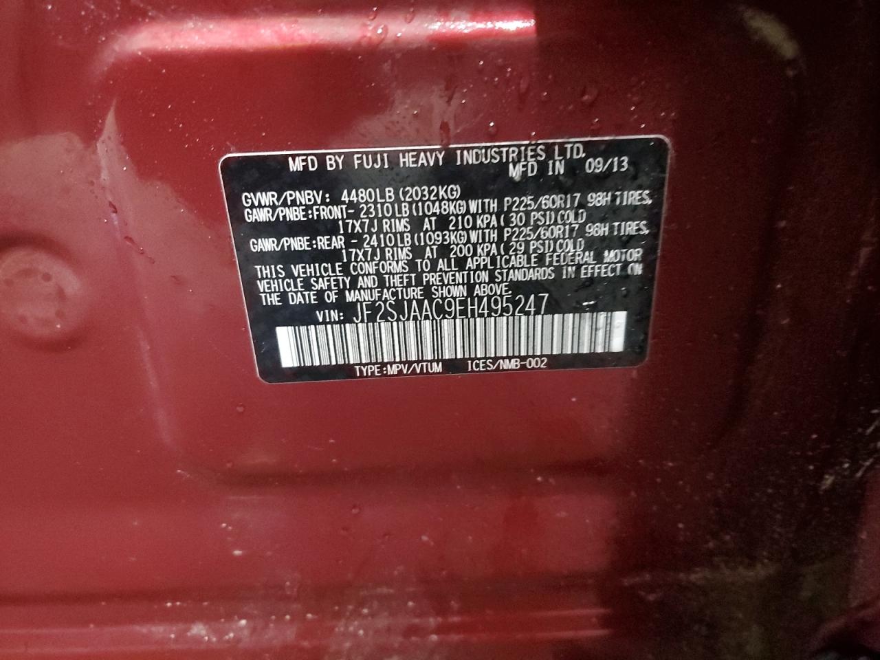 2014 Subaru Forester VIN JF2SJAAC9EH495247 Copart auction photo, front end / undercarriage damage thumbnail 13