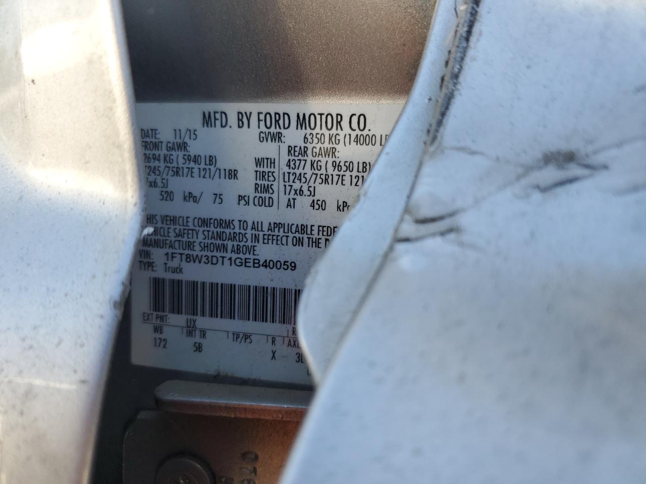 2016 Ford F350 VIN 1FT8W3DT1GEB40059 Copart auction photo, side damage thumbnail 13