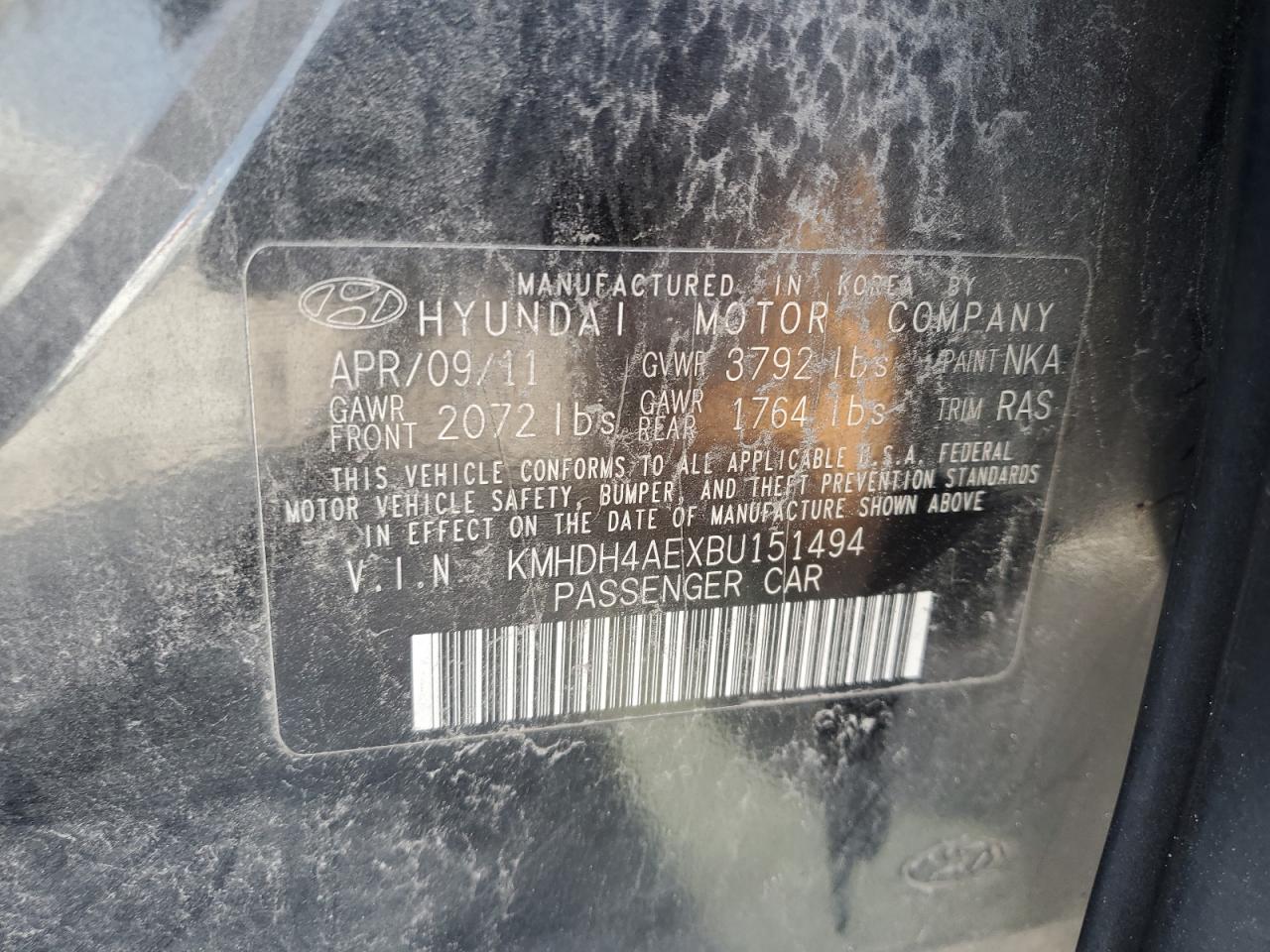 2011 Hyundai Elantra VIN KMHDH4AEXBU151494 Copart auction photo, front end damage thumbnail 12