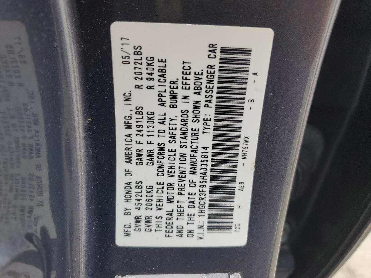 2017 Honda Accord VIN 1HGCR3F95HA035814 Copart auction photo, rear end / side damage thumbnail 12