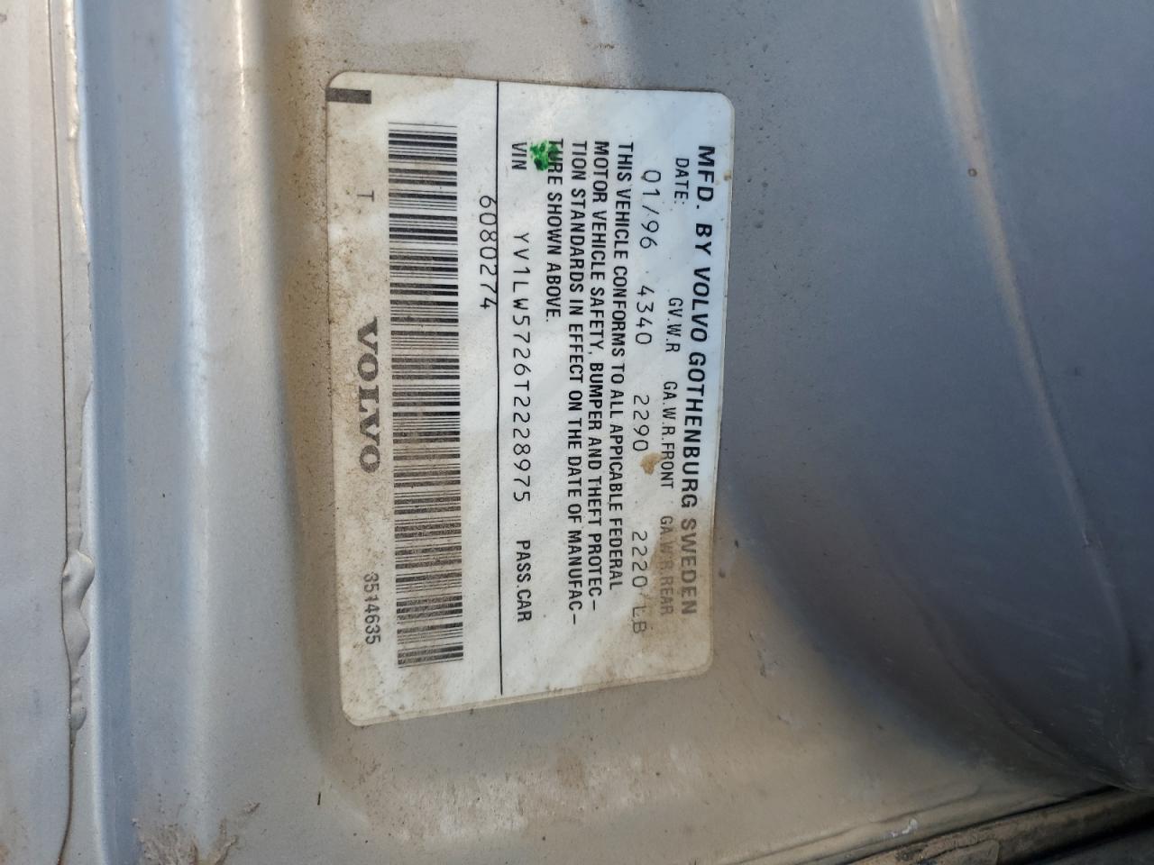 1996 Volvo 850 VIN YV1LW5726T2228975 Copart auction photo, front end damage thumbnail 12