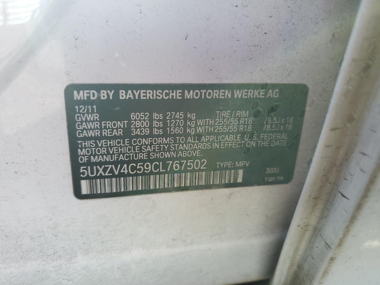 2012 BMW X5 VIN 5UXZV4C59CL767502 Copart auction photo, mechanical damage thumbnail 13