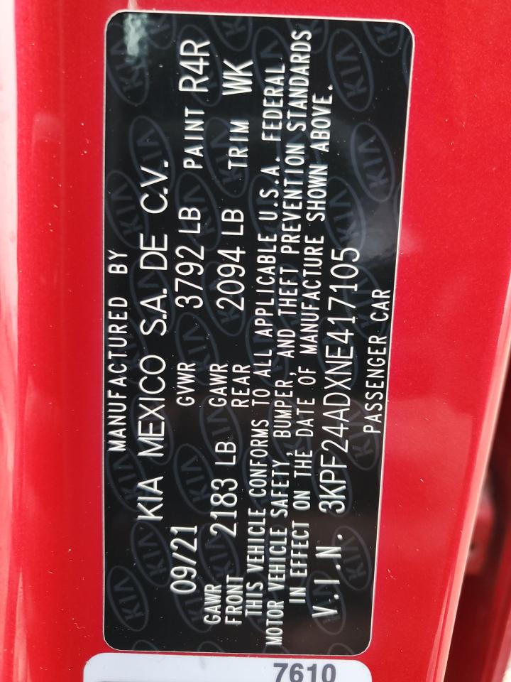 2022 KIA Forte VIN 3KPF24ADXNE417105 Copart auction photo, front end / side damage thumbnail 12