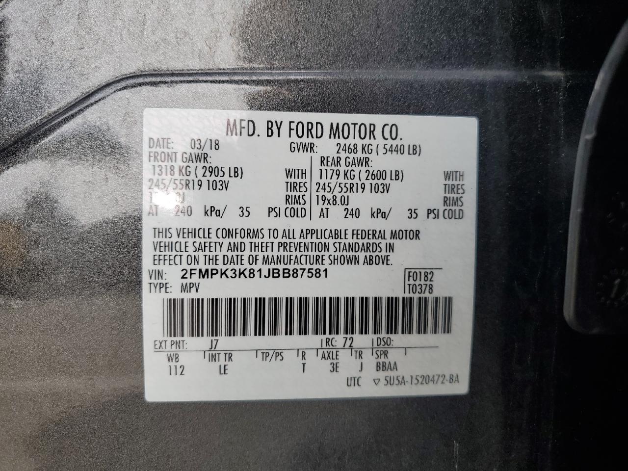 2018 Ford Edge VIN 2FMPK3K81JBB87581 Copart auction photo, front end / side damage thumbnail 14