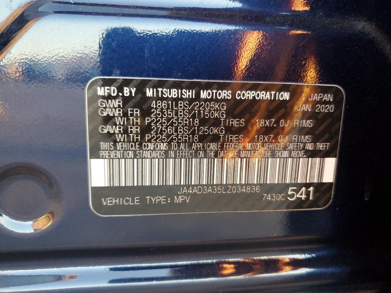 2020 Mitsubishi Outlander VIN JA4AD3A35LZ034836 Copart auction photo, rear end / undercarriage damage thumbnail 14