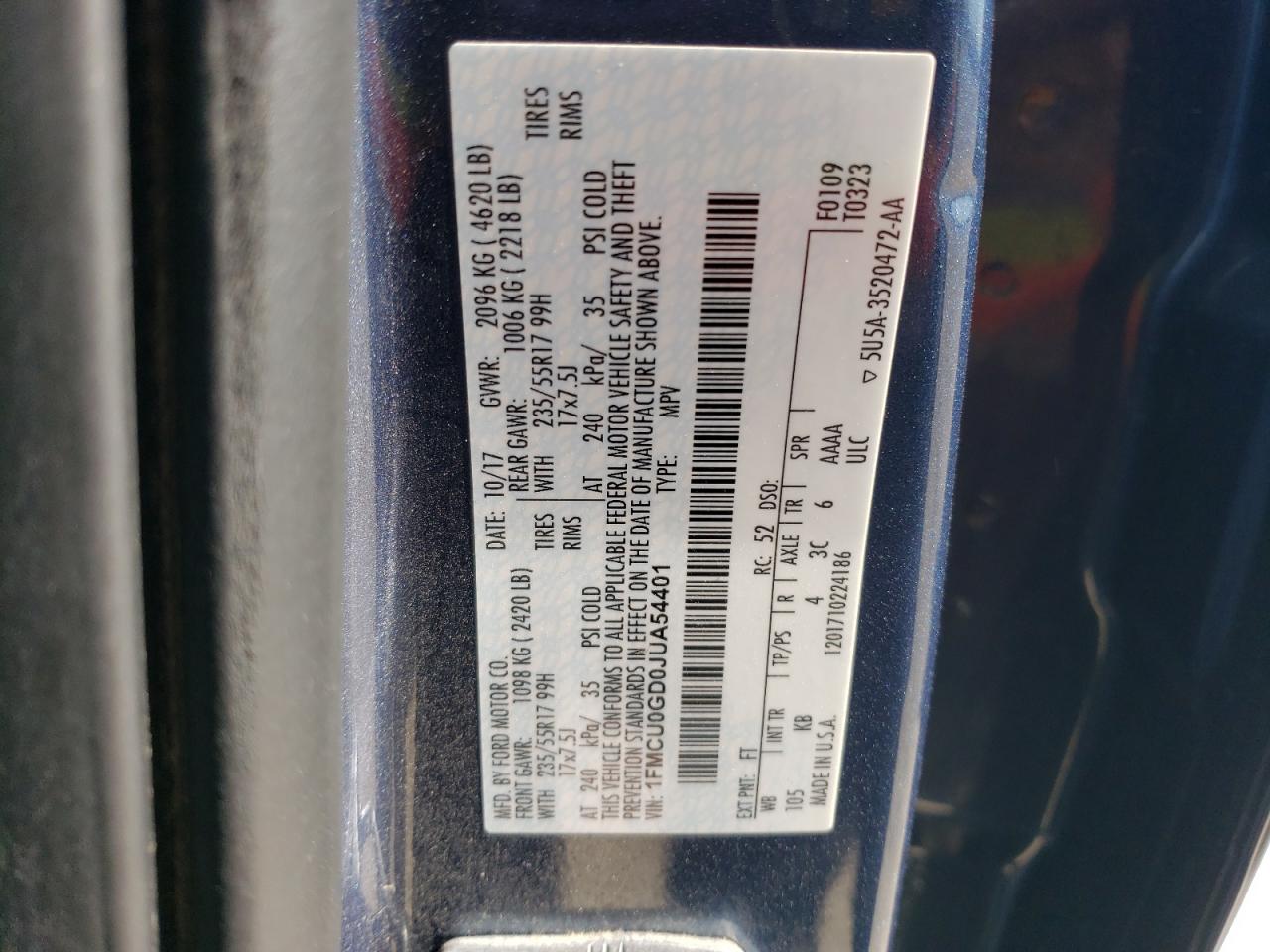 2018 Ford Escape VIN 1FMCU0GD0JUA54401 Copart auction photo, front end damage thumbnail 15