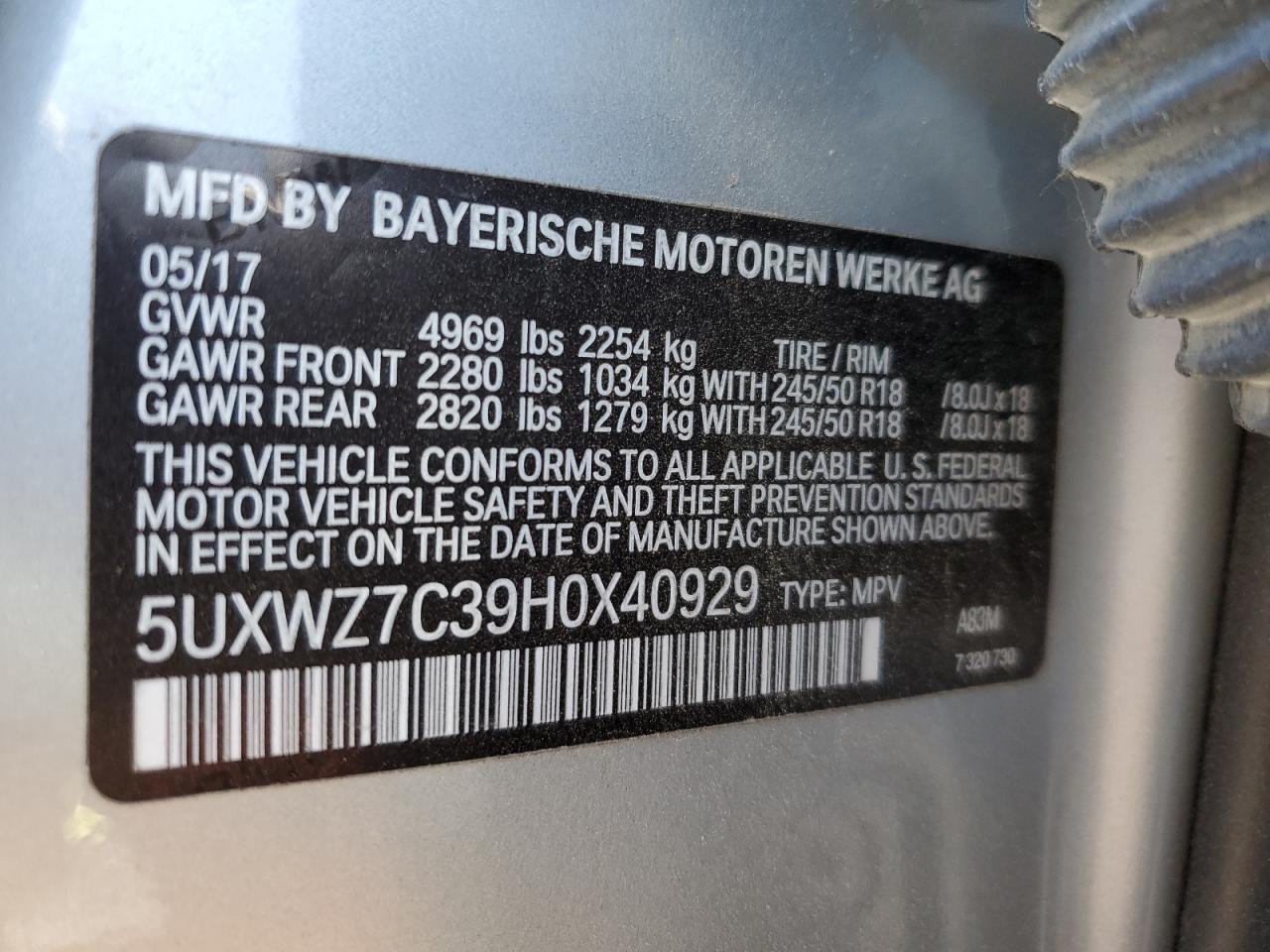 2017 BMW X3 VIN 5UXWZ7C39H0X40929 Copart auction photo, side damage thumbnail 14