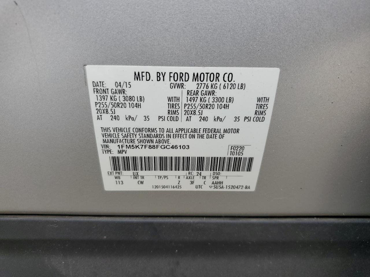 2015 Ford Explorer VIN 1FM5K7F88FGC46103 Copart auction photo, front end / minor dent/scratches damage thumbnail 13