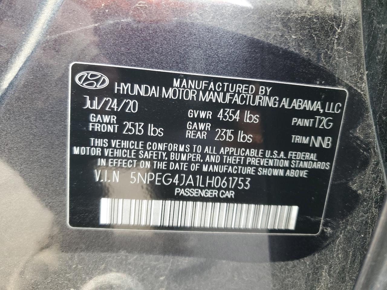 2020 Hyundai Sonata VIN 5NPEG4JA1LH061753 Copart auction photo, front end damage thumbnail 15