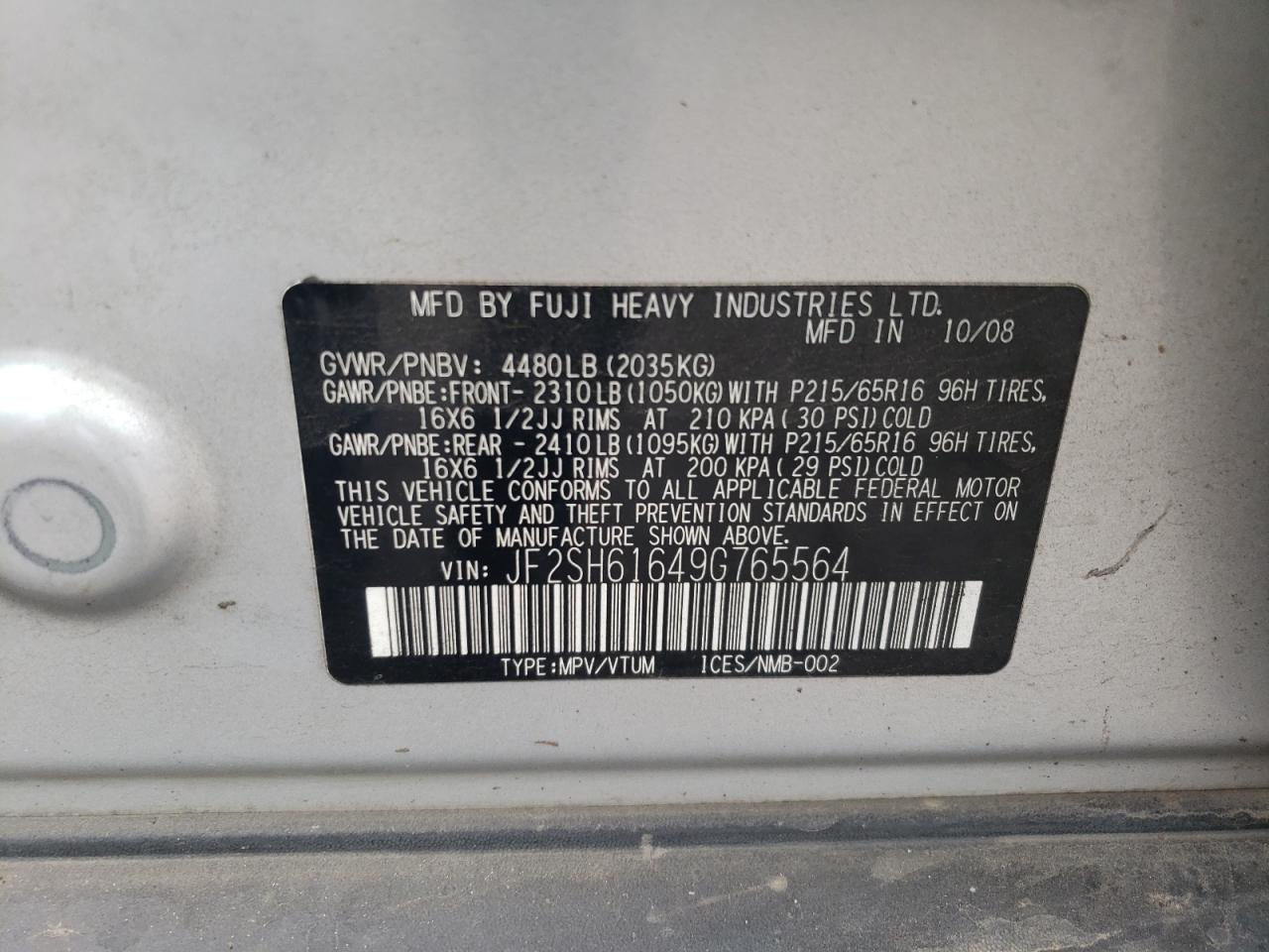 2009 Subaru Forester VIN JF2SH61649G765564 Copart auction photo, rear end damage thumbnail 12