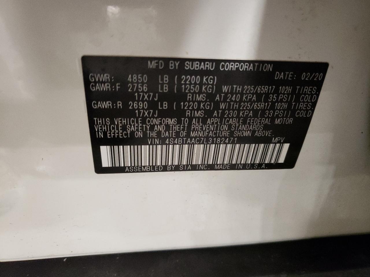 2020 Subaru Legacy VIN 4S4BTAAC7L3182471 Copart auction photo, all over damage thumbnail 15