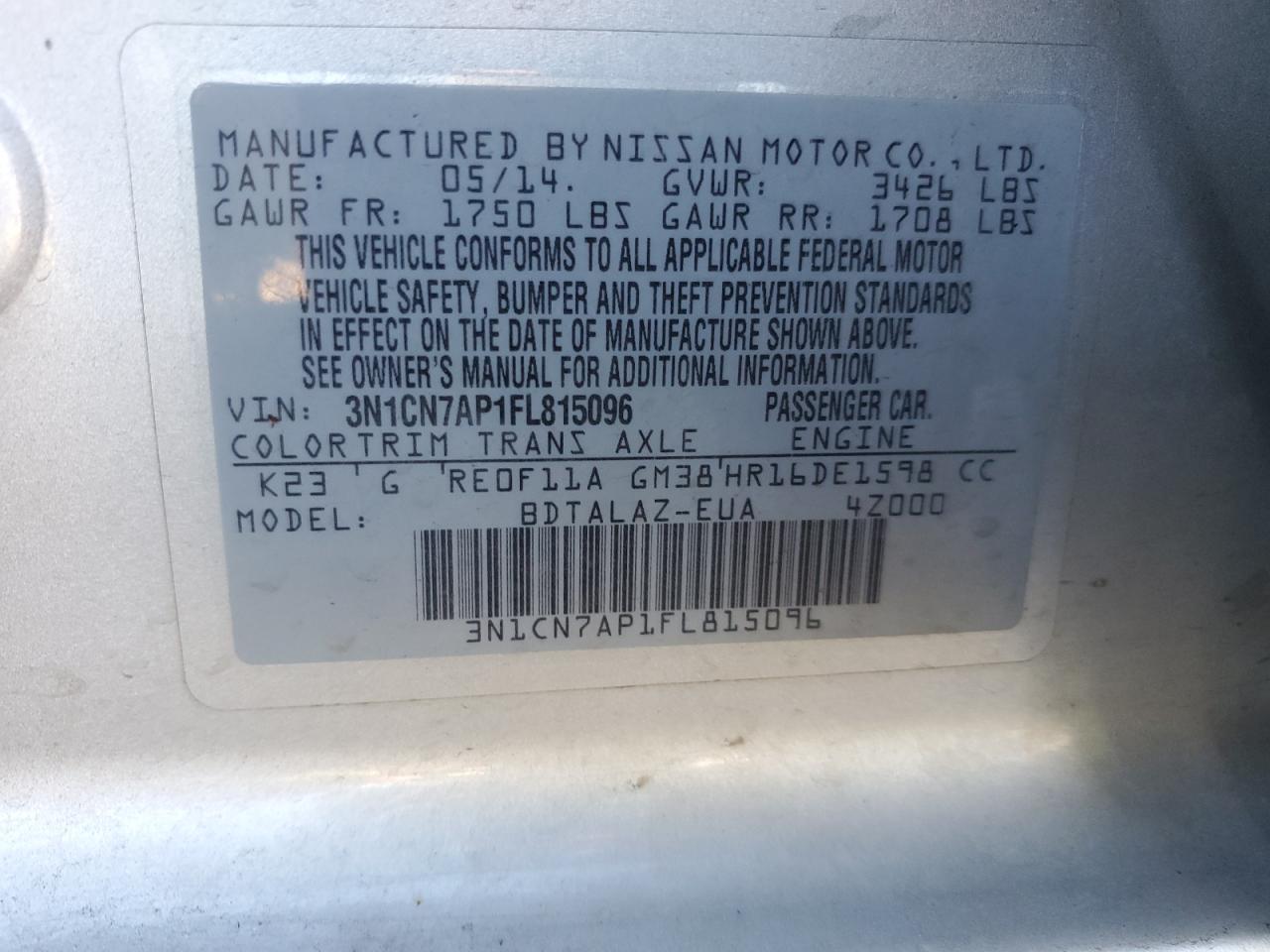 2015 Nissan Versa VIN 3N1CN7AP1FL815096 Copart auction photo, front end / side damage thumbnail 12