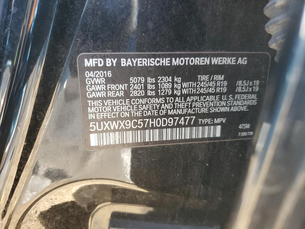 2017 BMW X3 VIN 5UXWX9C57H0D97477 Copart auction photo, front end / minor dent/scratches damage thumbnail 13