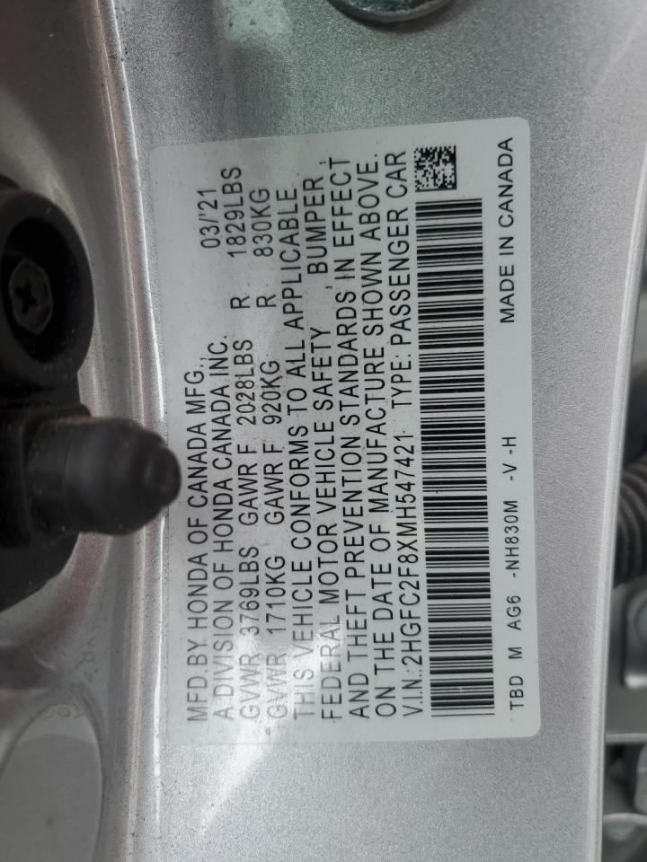 2021 Honda Civic VIN 2HGFC2F8XMH547421 Copart auction photo, front end damage thumbnail 14