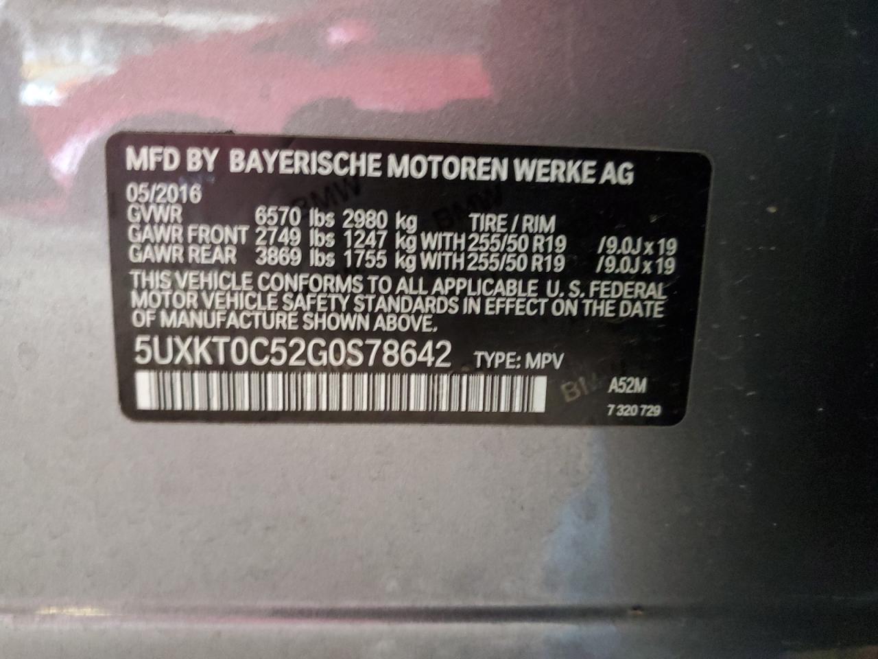 2016 BMW X5 VIN 5UXKT0C52G0S78642 Copart auction photo, water/flood damage thumbnail 13