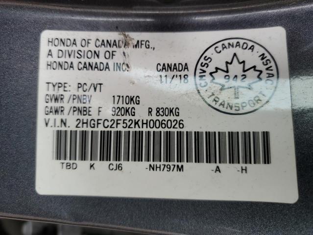 2019 Honda Civic VIN 2HGFC2F52KH006026 Copart auction photo, front end / side damage thumbnail 12