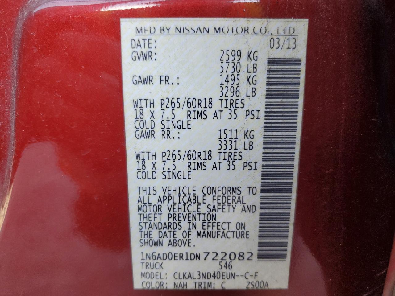 2013 Nissan Navara (Frontier) VIN 1N6AD0ER1DN722082 Copart auction photo, front end / side damage thumbnail 12