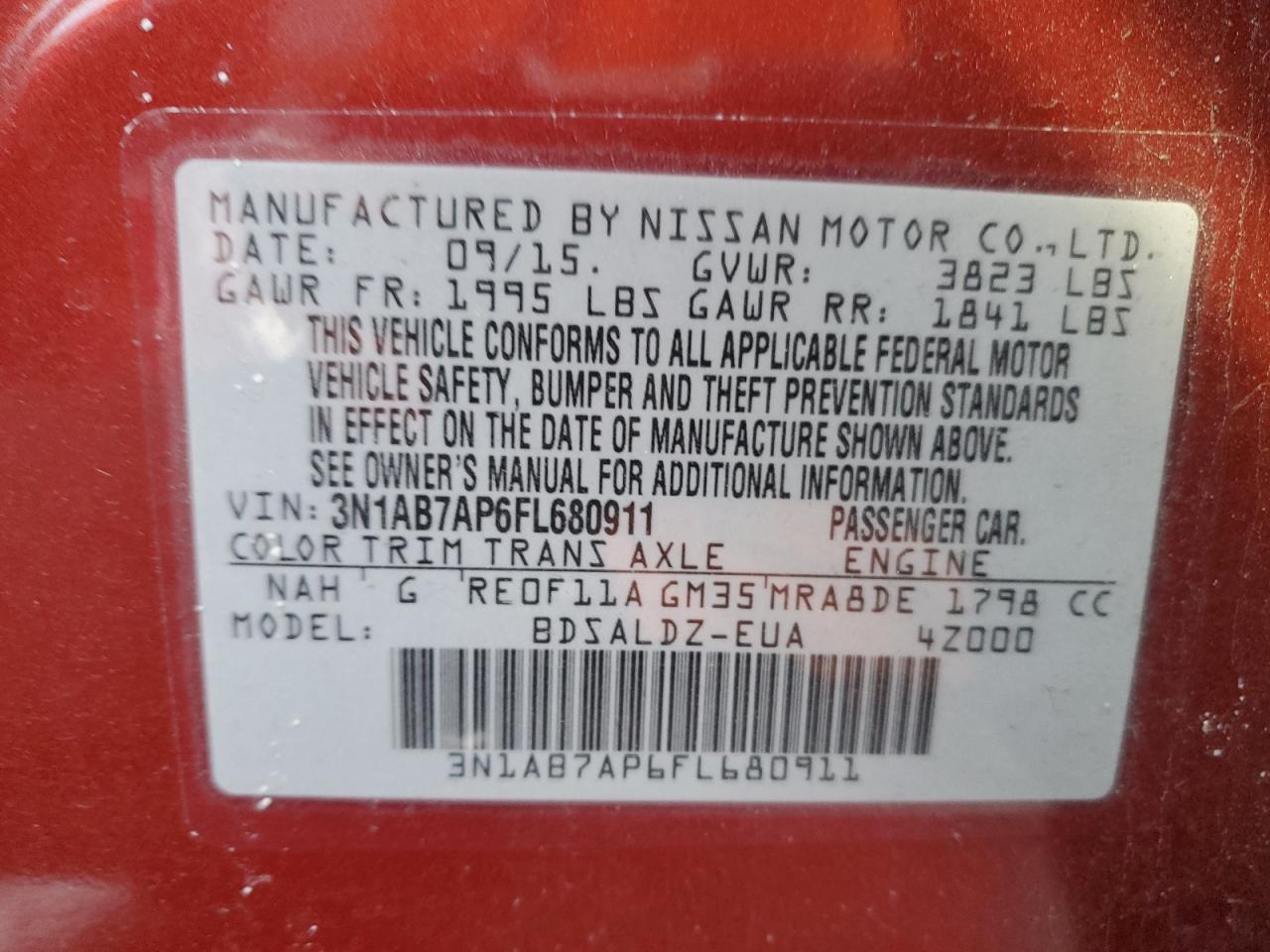 2015 Nissan Sentra VIN 3N1AB7AP6FL680911 Copart auction photo, front end / mechanical damage thumbnail 12