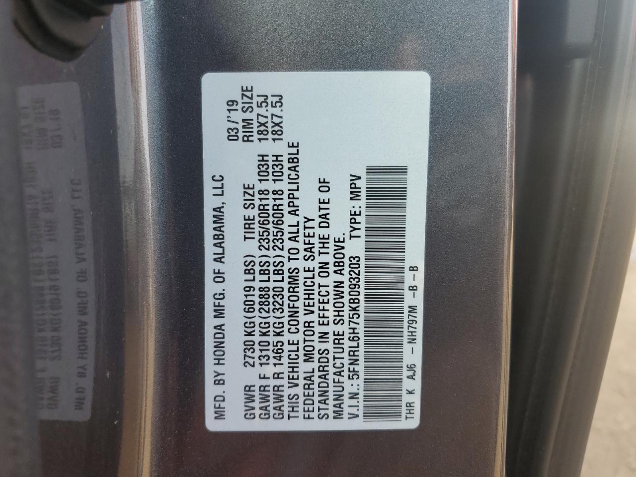2019 Honda Odyssey VIN 5FNRL6H75KB093203 Copart auction photo, front end / minor dent/scratches damage thumbnail 16